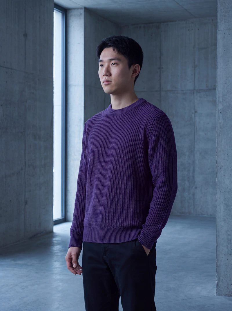 The same man and sweater in a raw concrete room by a tall window